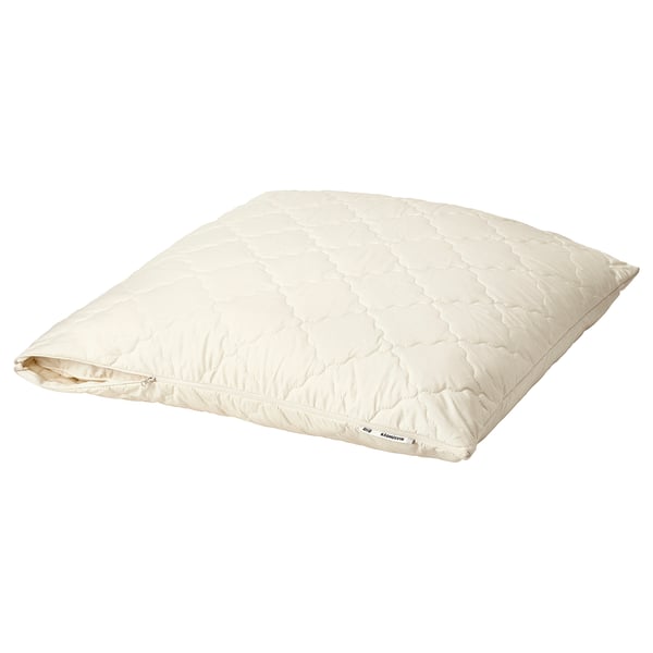 A square-shaped, white pillow protector labelled RÅDHUSVIN with a diamond pattern quilted design, made of cotton and wool.