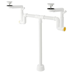 White RÄNNILEN plumbing trap kit with flexible pipes, metal strainers, and plastic components for under-sink installation.