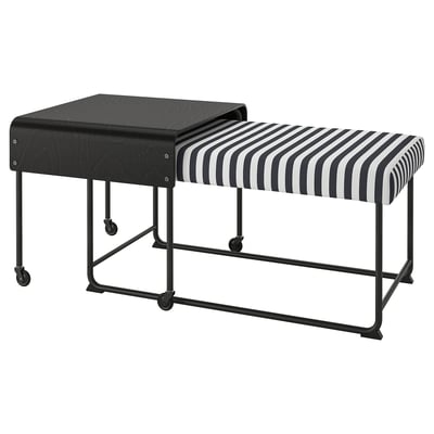 Simple black and white striped bench with metal legs and wooden top. Modern scandinavian design.