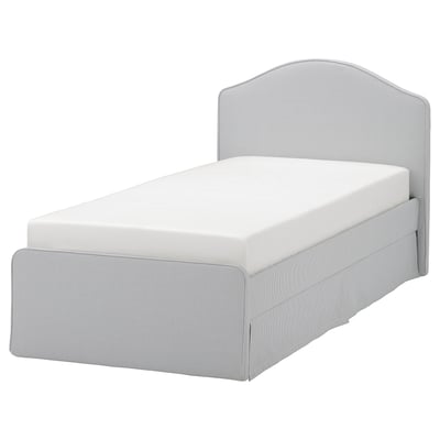 RAMNEFJÄLL bed: grey-white striped, curved headboard, upholstered, classic design.