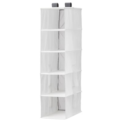 A white IKEA RASSLA hanging storage organizer with five mesh compartments for efficient closet organization.