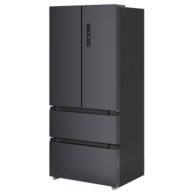 Black stainless steel french door fridge with adjustable shelves, variable temp drawer, led lights - ideal for large households.