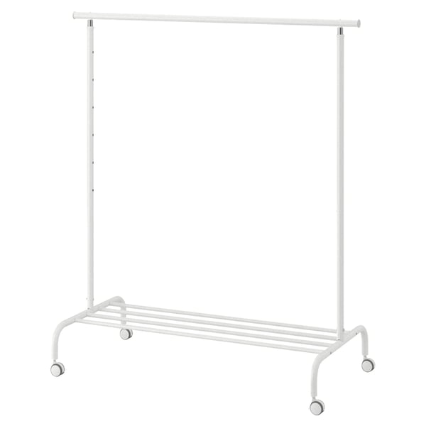 A white RIGGA clothes rack with 4 levels, adjustable height, and wheels.