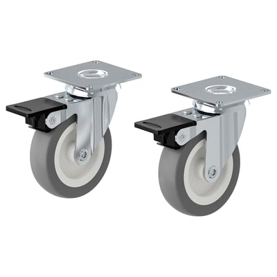 Two grey & black casters with brake pedals and square metal mounts.