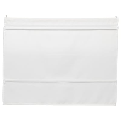 White RINGBLOMMA roman blind, made from eco-friendly polyester, hanging flat.
