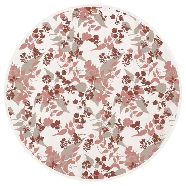 Round, floral-patterned tablecloth in brown and beige tones, made from recycled polyester.