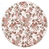 Round, floral-patterned tablecloth in brown and beige tones, made from recycled polyester.