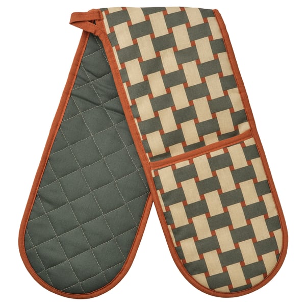 Beige/green/orange checkered oven mitt with hanger loop