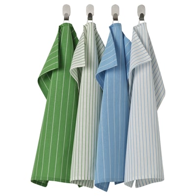 Four colorful towels hang on hooks, striped green, gray, blue, and light blue, made from 100% cotton, practical for kitchen use.
