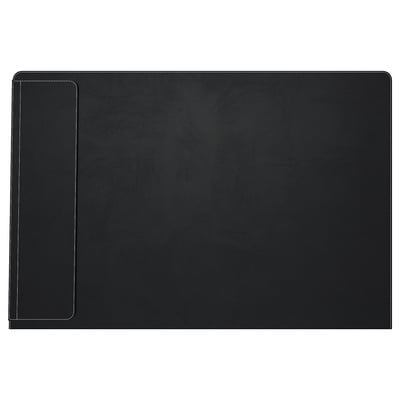 This image shows a black rectangular desk pad, smooth and protective, with a weighted front edge to stay in place.