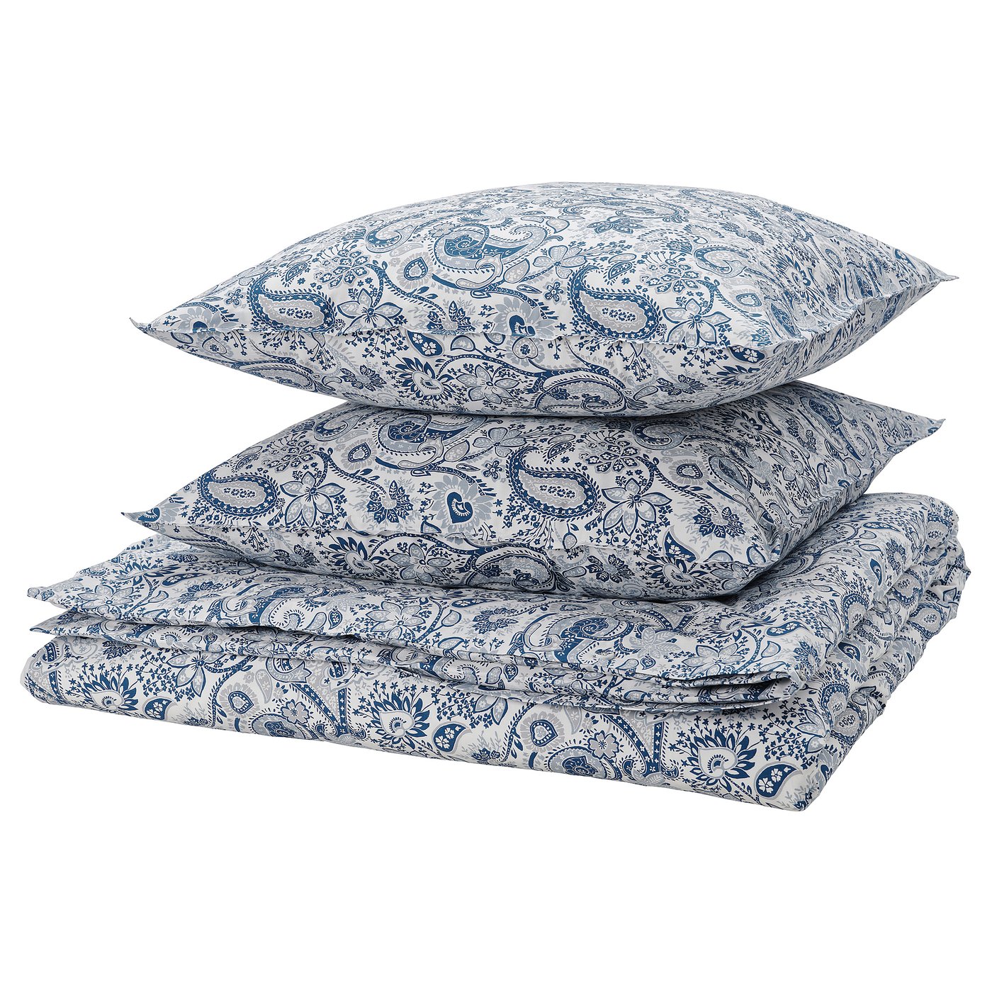 Blue and white paisley print bedding set. Includes duvet cover and pillowcases. Soft cotton/viscose blend.