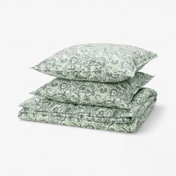 RODGERSIA green paisley duvet & pillow set. Soft cotton-viscose fabric, square shapes, with intricate floral patterns.