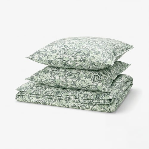 RODGERSIA green paisley duvet & pillow set. Soft cotton-viscose fabric, square shapes, with intricate floral patterns.