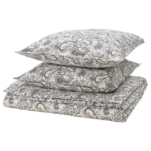 RODGERSIA bed sheets. Beige with grey paisley. Cotton-viscose blend, neatly folded.