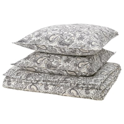 RODGERSIA bed sheets. Beige with grey paisley. Cotton-viscose blend, neatly folded.