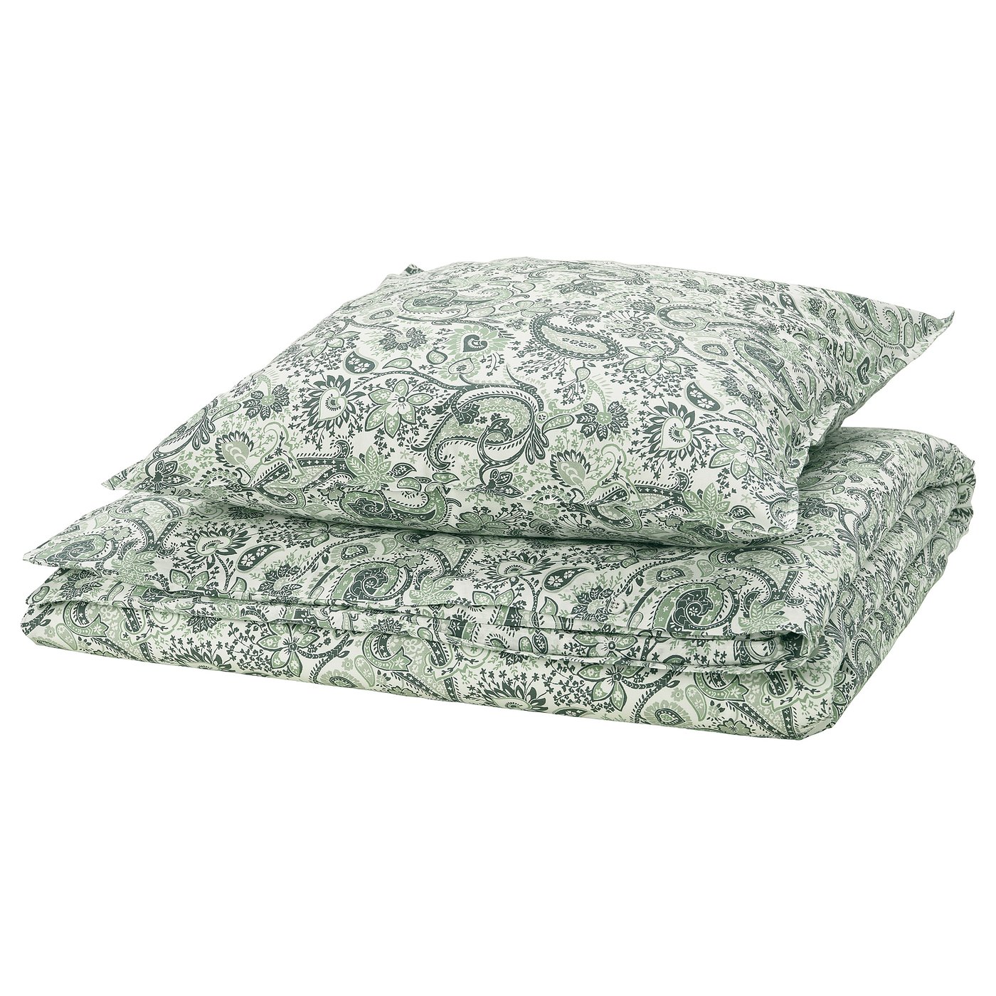 RODGERSIA duvet and pillow set, green paisley, soft cotton-blend, rectangular.