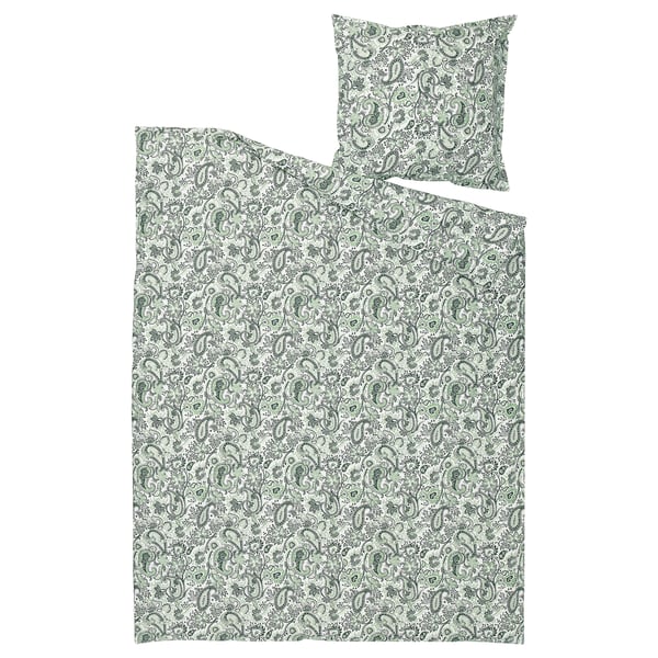 RODGERSIA paisley duvet & pillowcase set, green, cotton-viscose, square with intricate patterns.