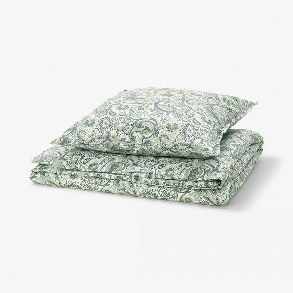 RODGERSIA green paisley duvet & pillow, cotton-viscose blend, intricate floral patterns, rectangular, elegant bedroom decor.