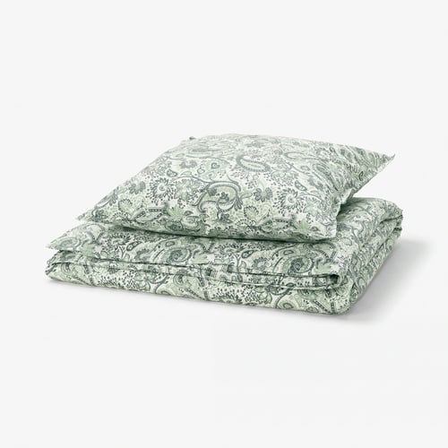 RODGERSIA green paisley duvet & pillow, cotton-viscose blend, intricate floral patterns, rectangular, elegant bedroom decor.