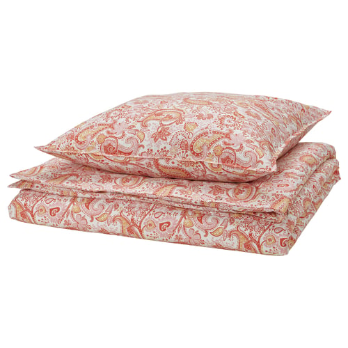 A neatly folded RODGERSIA bedding set in red paisley print with white background, made of cotton and viscose.