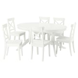 White ROSENTORP dining set: round extendable table with 6 matching chairs, solid wood and painted surfaces.