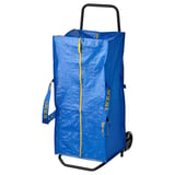 Blue ikea RULLEBÖR bag on black trolley; rectangular, zipper, handles.