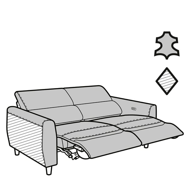 Black and white line drawing of a modern reclining sofa with cushioned seats and backs, showcasing its sleek and ergonomic design.