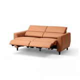 Brown leather reclining sofa, sleek design, wooden legs, power reclining feature.