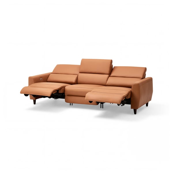 Sophisticated brown leather recliner sofa with adjustable seats, sleek design, perfect for relaxation.
