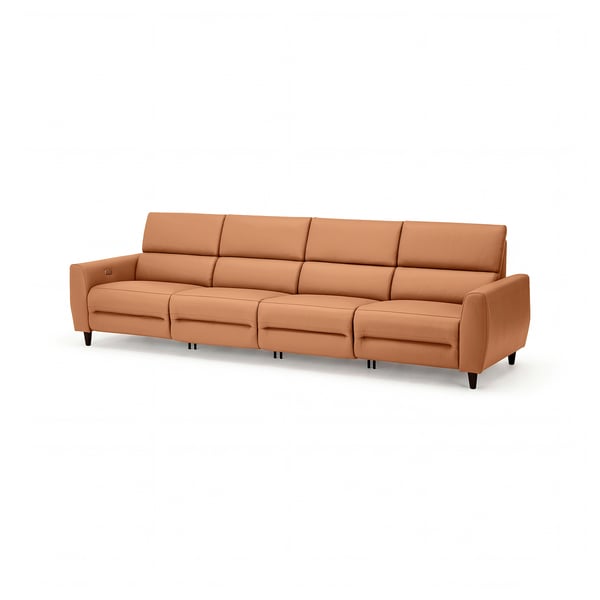 Brown leather electric recliner sofa with angled back and dark wooden legs.