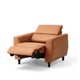 Brown leather recliner chair with wooden legs, soft and plush, perfect for relaxing.