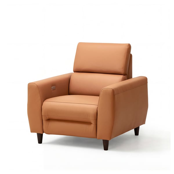 Brown leather recliner, sleek design, push-button control, high back, lumbar support.