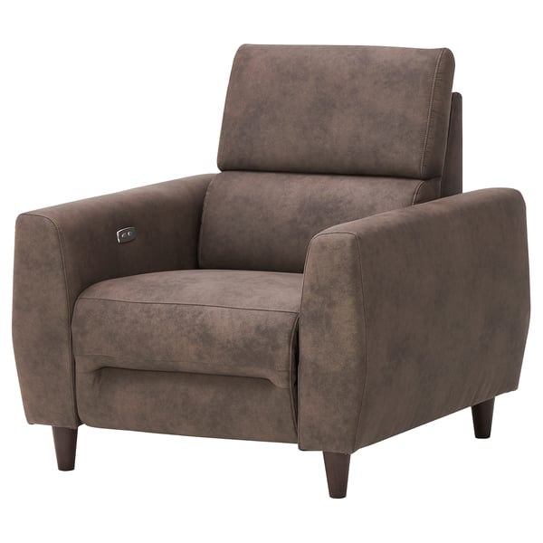 RULLERUM: brown reclining chair, suede-like fabric, high back, lumbar support, electric adjust.
