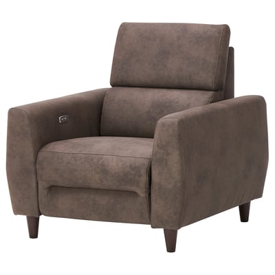 RULLERUM: brown reclining chair, suede-like fabric, high back, lumbar support, electric adjust.