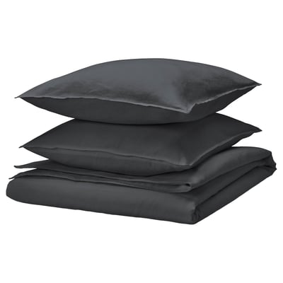 Gray RUNDHAGTORN bedding set: soft cotton and linen blend. Includes folded duvet cover and pillows with zipper closures.
