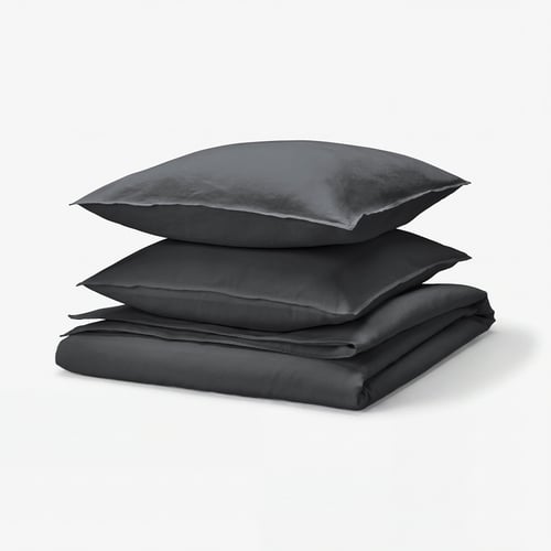 RUNDHAGTORN bed set: anthracite, linen-cotton blend, square pillows, folded duvet.