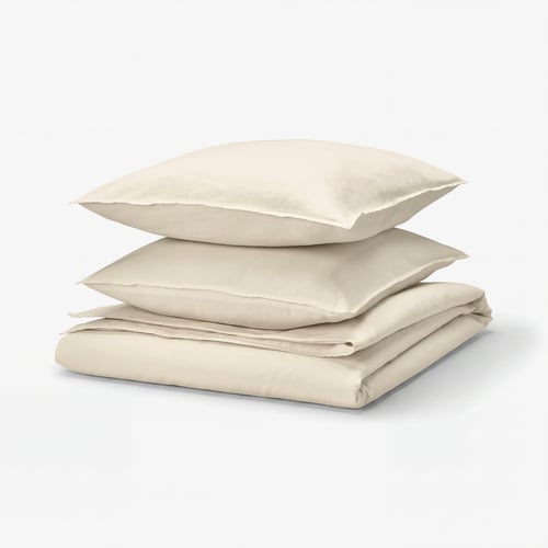 RUNDHAGTORN beige linen-cotton duvet set, featuring soft, pre-washed fabric, zip closure, and wrinkle-chic design.