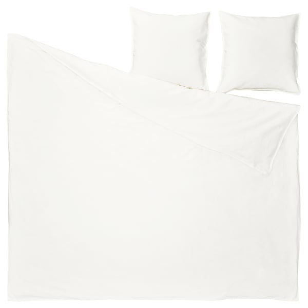 White RUNDHAGTORN bedding set with linen and cotton. Includes duvet and pillowcases, zipper closure, pre-washed linen look.