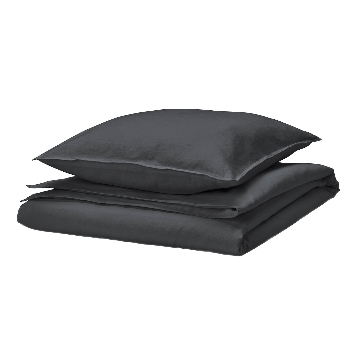 Grey bedding set, folded neatly, includes duvet cover and pillowcases, zip closure, mix of cotton and linen.