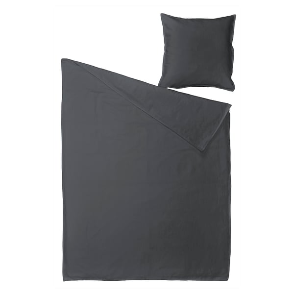 A grey duvet cover set with a pillowcase, neatly arranged, featuring a zipper closure, made from a blend of linen and cotton.