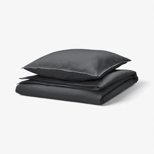 Image shows a folded, dark grey RUNDHAGTORN duvet set on white background. Material: 51% linen, 49% cotton.