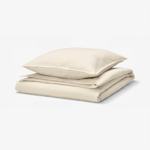 Beige RUNDHAGTORN duvet & pillow set, 51% linen, 49% cotton, soft & breathable, wrinkle-chic design.