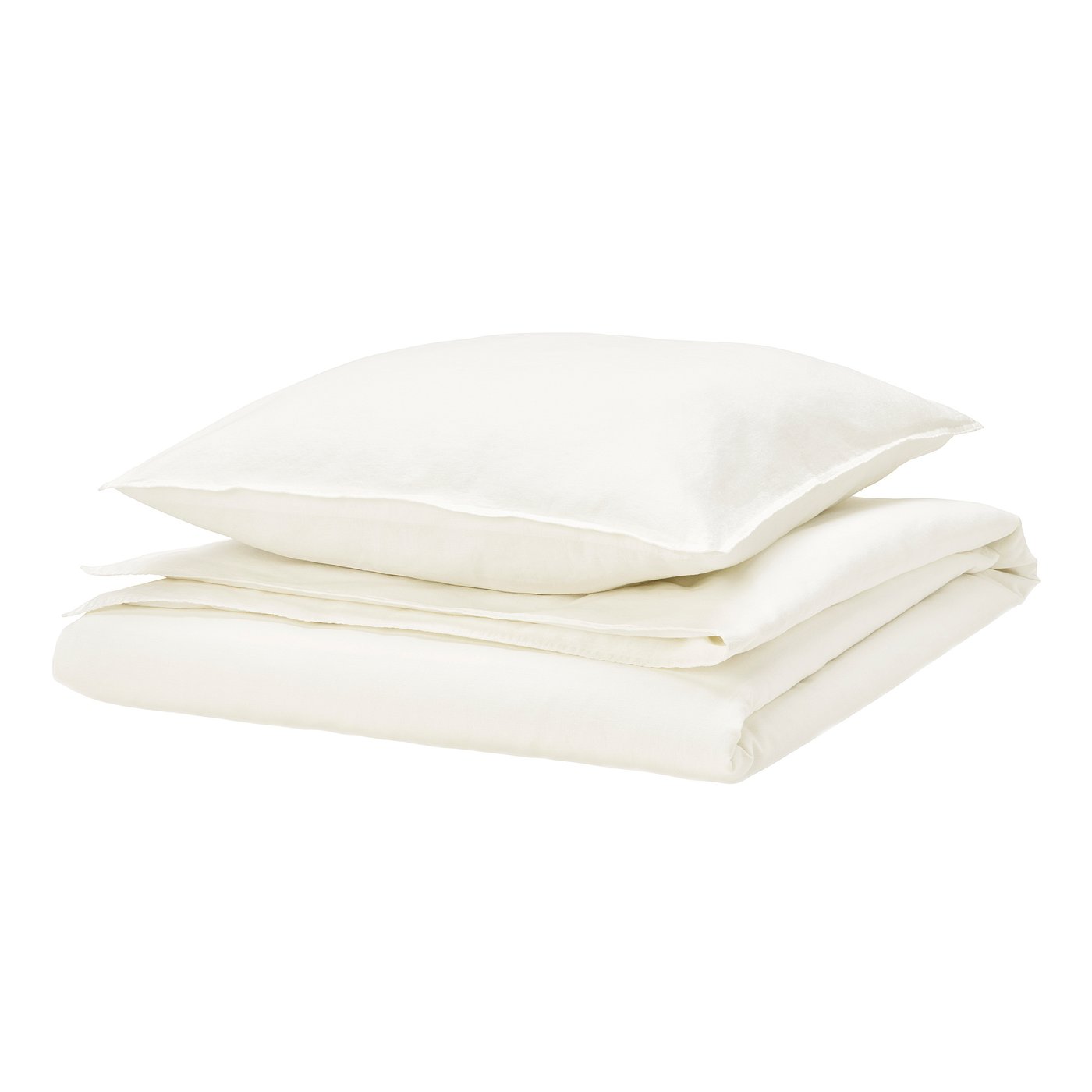 White RUNDHAGTORN duvet & pillow set, soft linen-cotton blend, neatly folded, simple design.