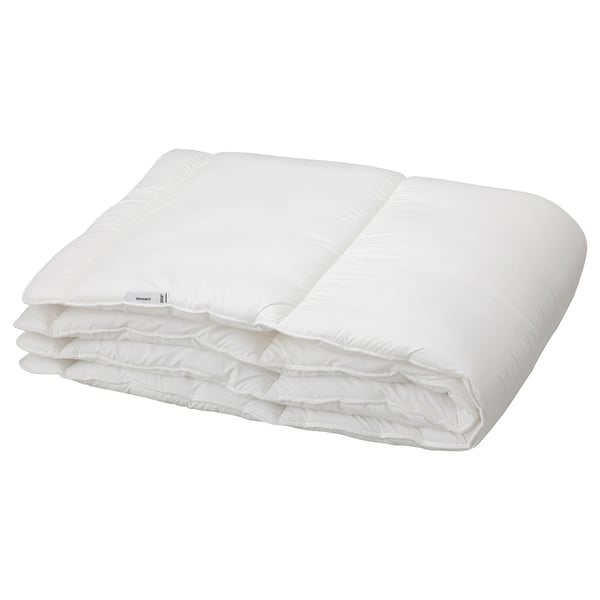 Stacked white duvet, SÄFFEROT, soft fabric, recycled polyester filling, rectangular with stitched design.