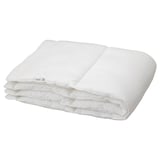 Stacked white duvet, SÄFFEROT, soft fabric, recycled polyester filling, rectangular with stitched design.