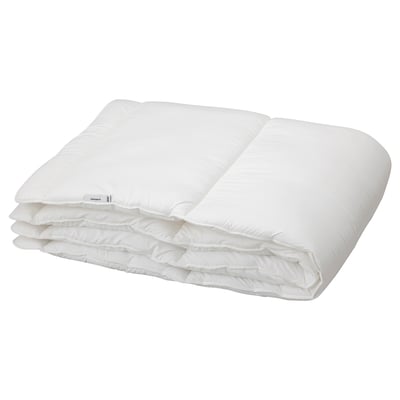 The white SÄFFEROT duvet, rectangular in shape, with a soft, brushed microfiber cover, filled with recycled polyester hollow fibers.
