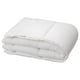 Option: A white SÄFFEROT duvet, rectangular, neatly folded. Its made from recycled polyester materials, providing a soft, fluffy feel.