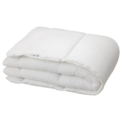 A white SÄFFEROT duvet, rectangular, neatly folded. Its made from recycled polyester materials, providing a soft, fluffy feel.