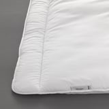 Clean, white duvet with stitched edges and subtle branding, laid on grey fabric. Modern and cozy appearance.