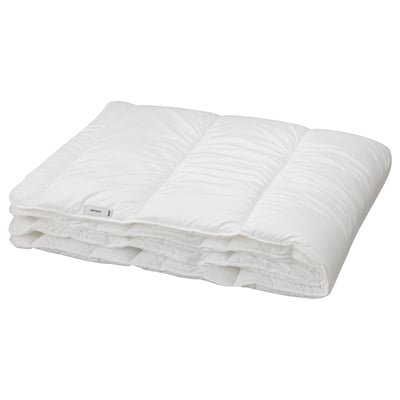 A white SÄFFEROT duvet, rectangular, soft, and fluffy, made from recycled polyester materials.